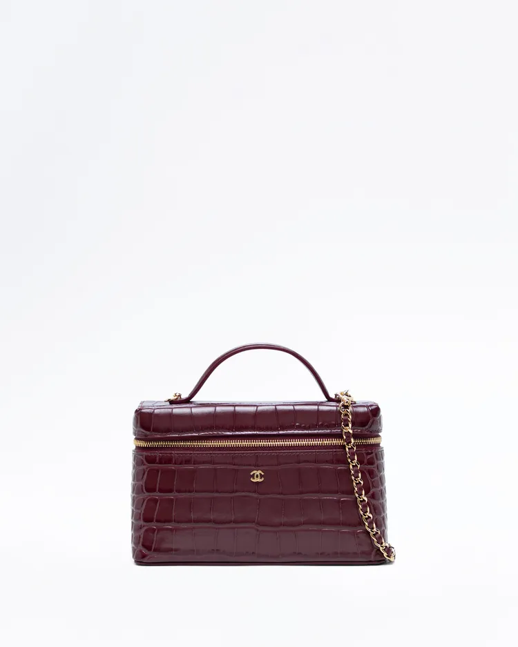 Croc-Embossed Slim Vanity Case with Chain