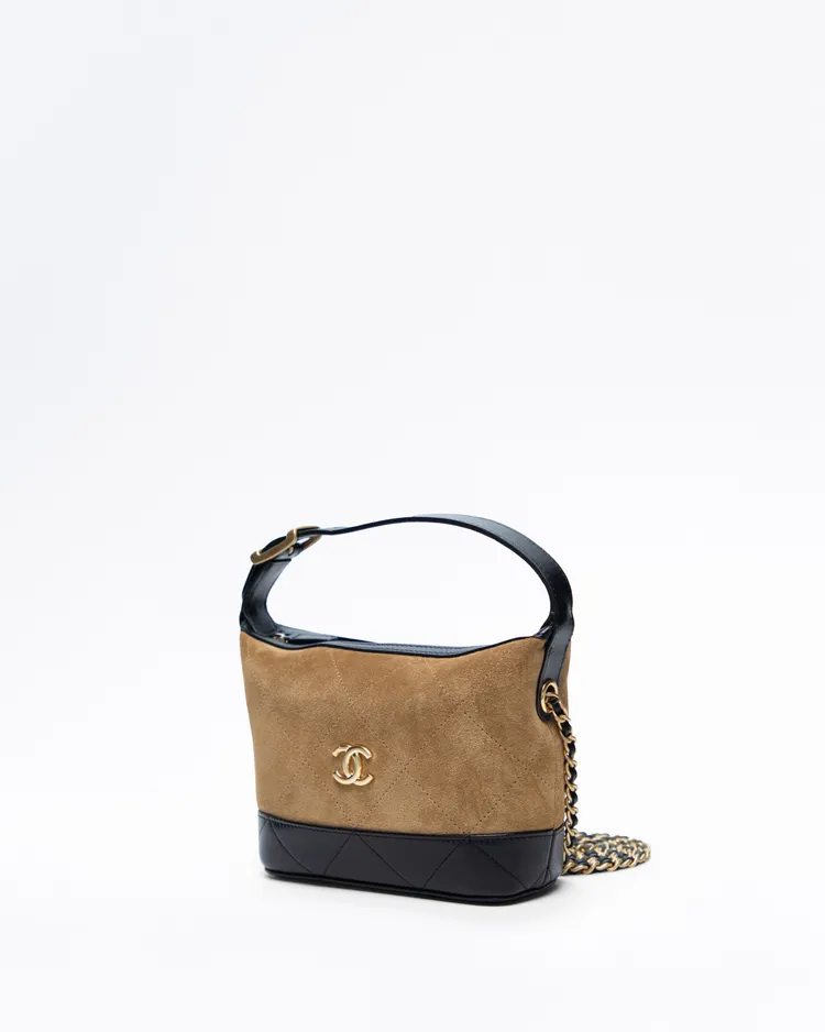 Alternate view angle of Suede Quilted Hobo Clutch with Chain