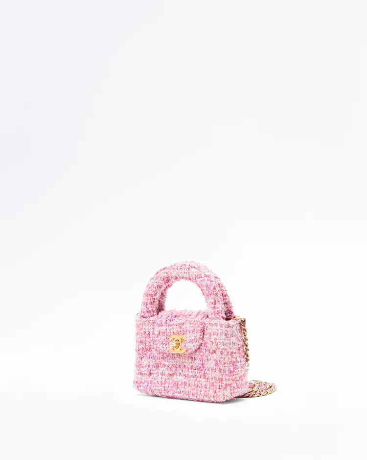 Alternate view angle of Tweed Kelly Clutch with Chain