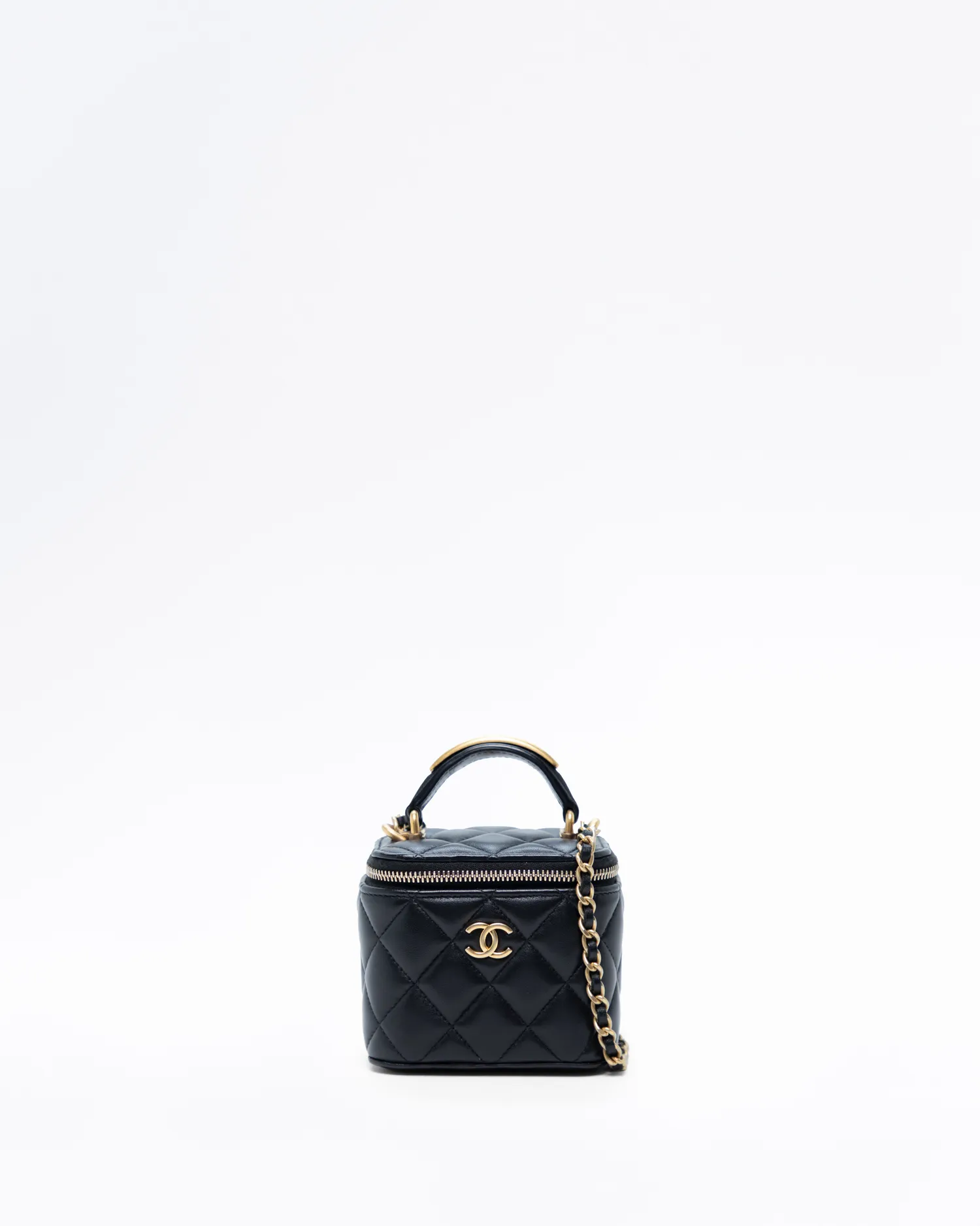 Lambskin Metal Top Handle Mini Vanity with Chain