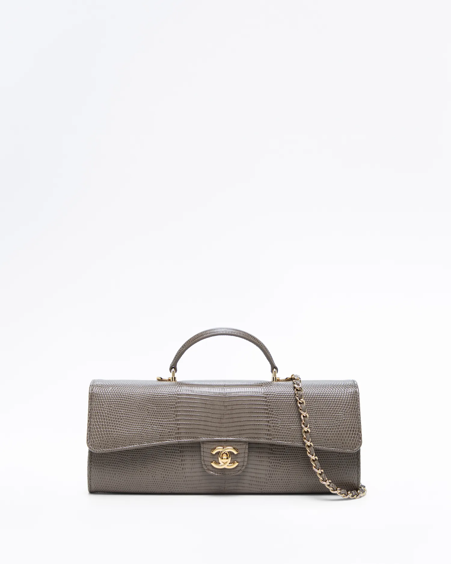 Lizard-Embossed Top Handle Long Clutch with Chain