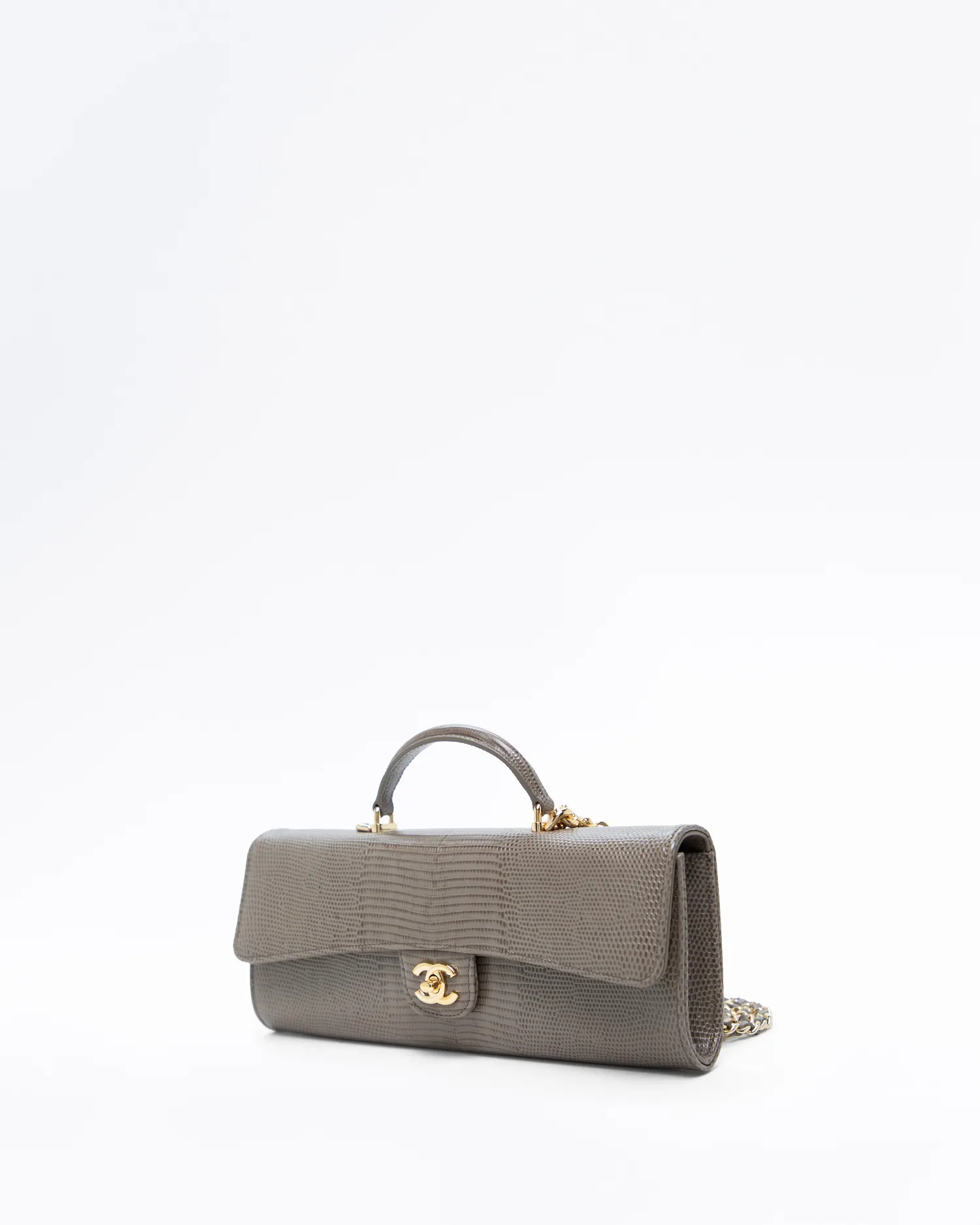 Lizard-Embossed Top Handle Long Clutch with Chain