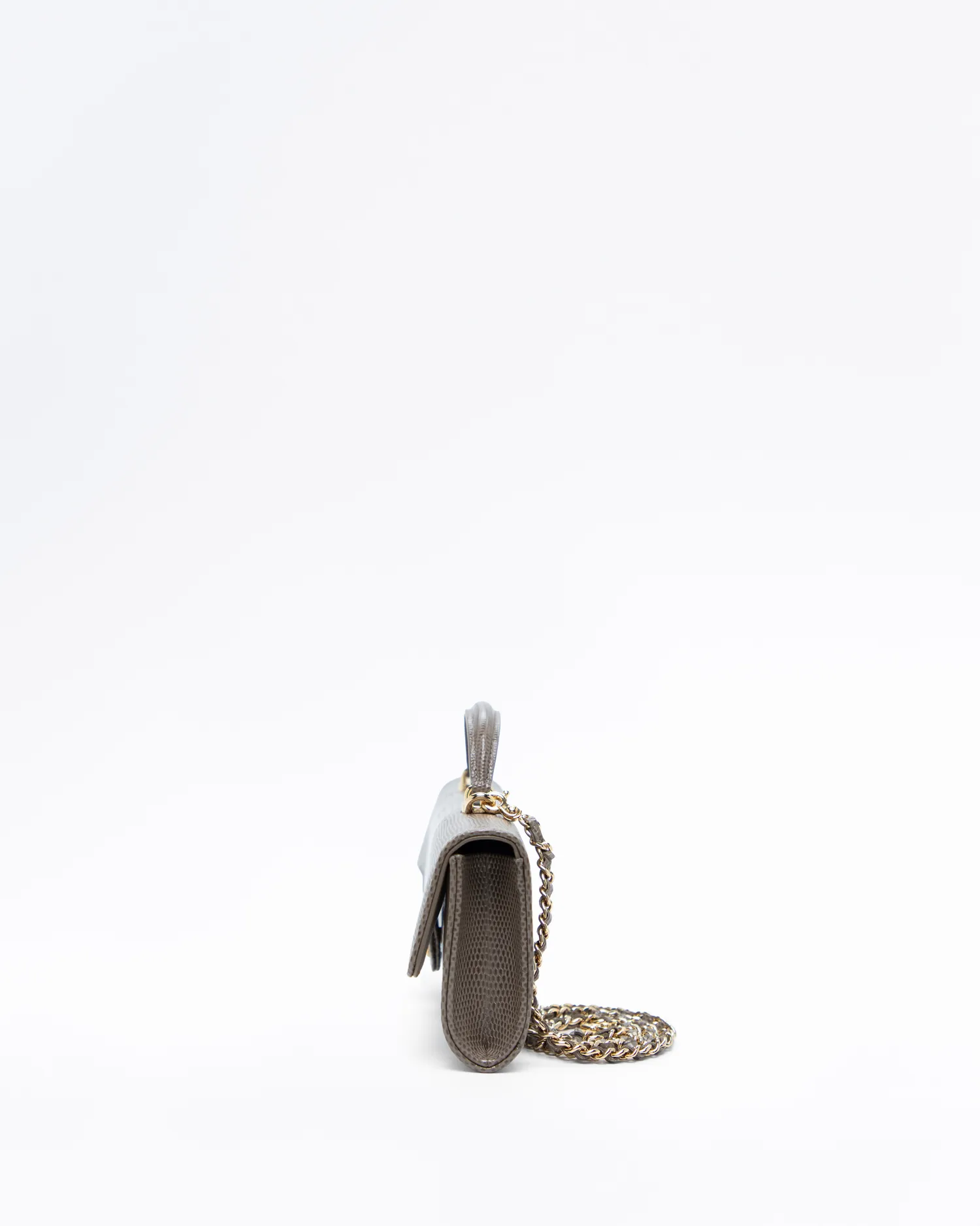 Lizard-Embossed Top Handle Long Clutch with Chain