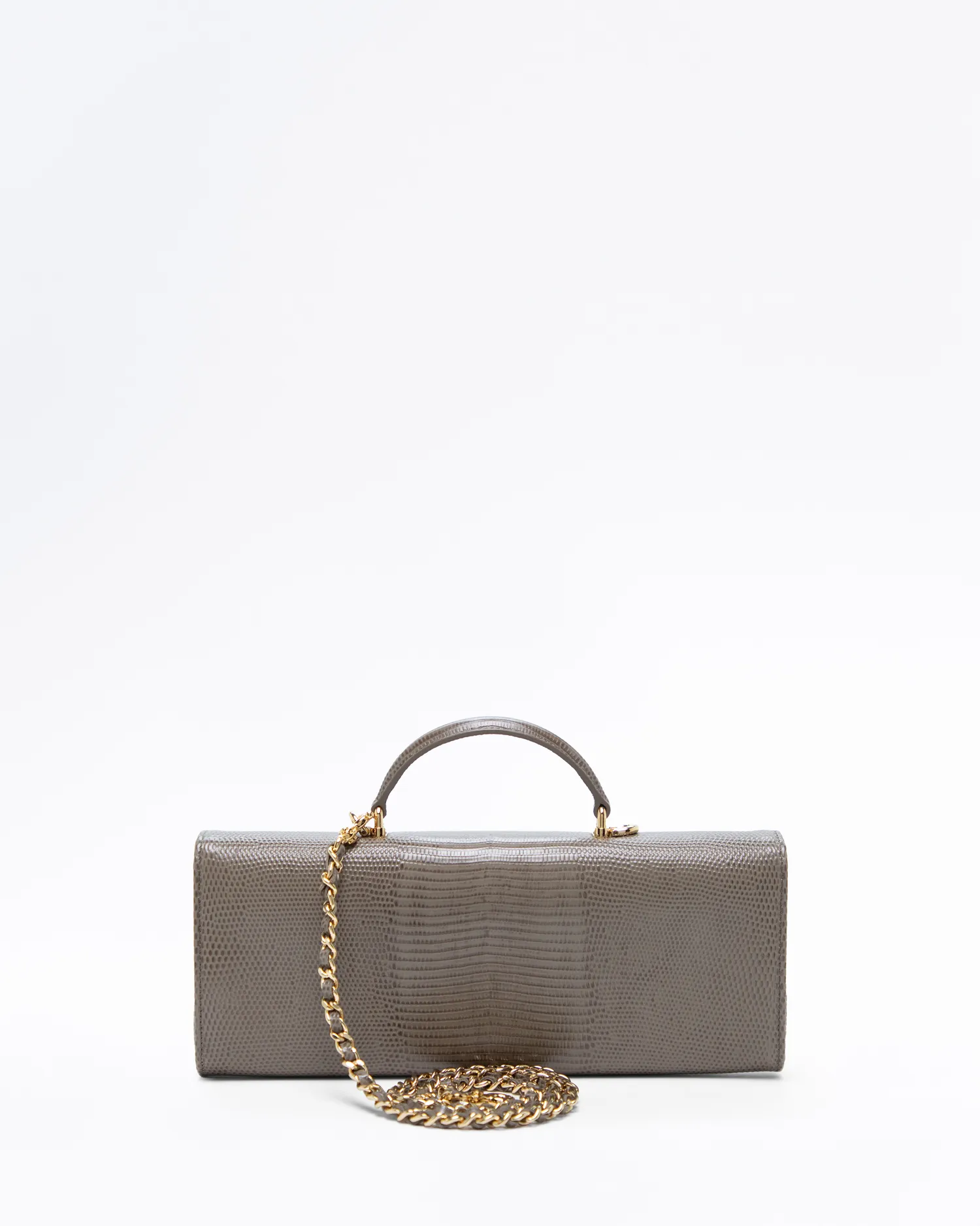 Lizard-Embossed Top Handle Long Clutch with Chain