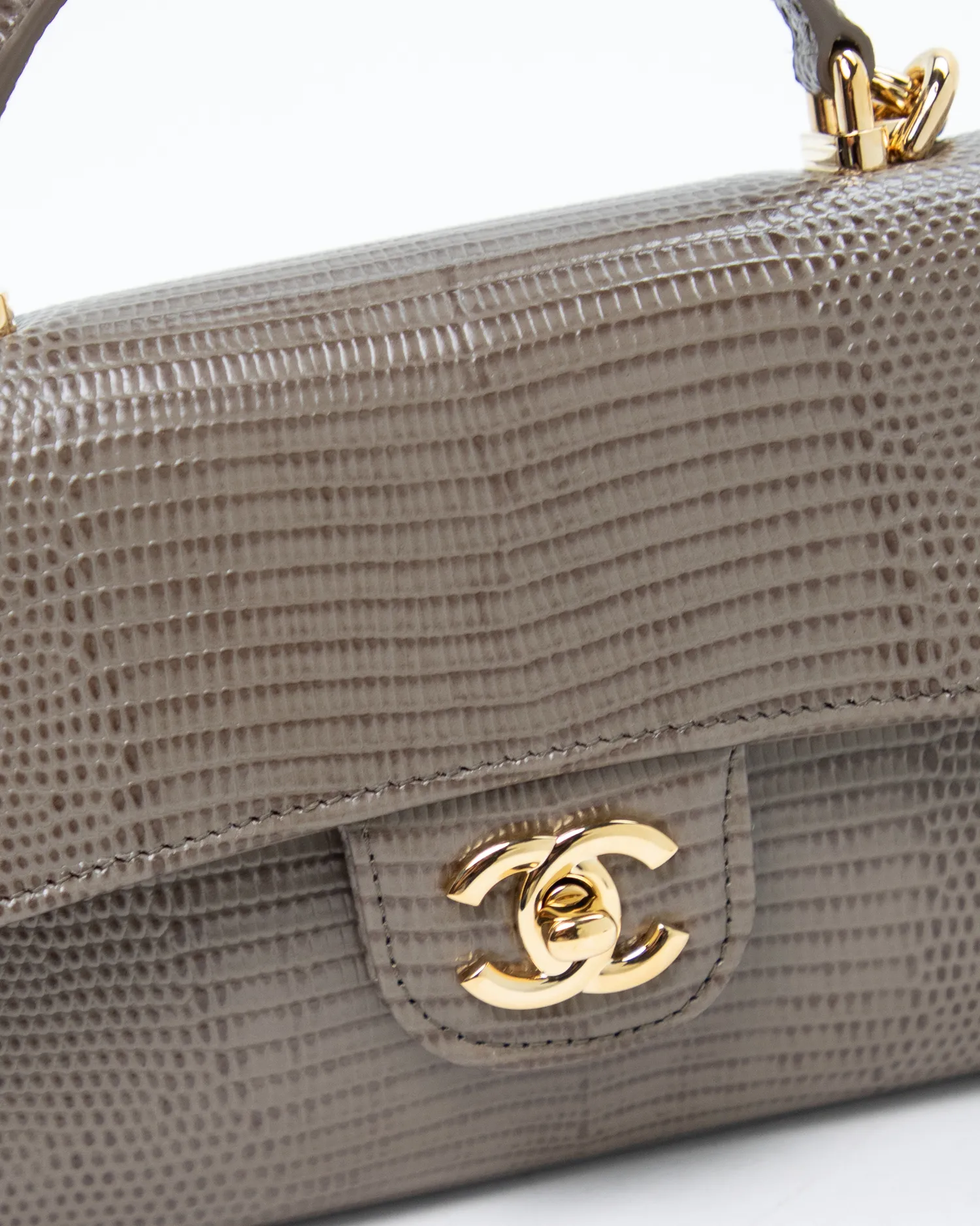 Lizard-Embossed Top Handle Long Clutch with Chain