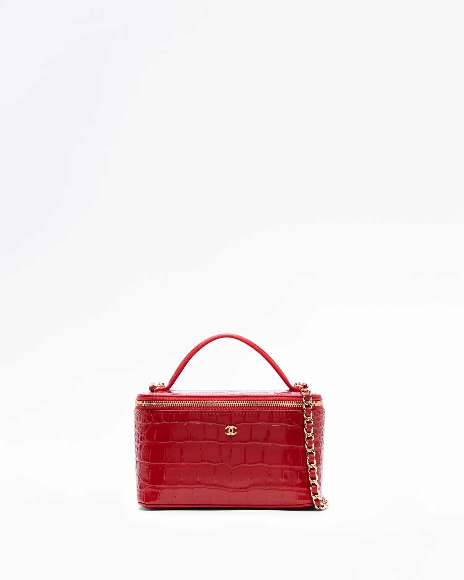 Croc-Embossed Top Handle Vanity With Chain