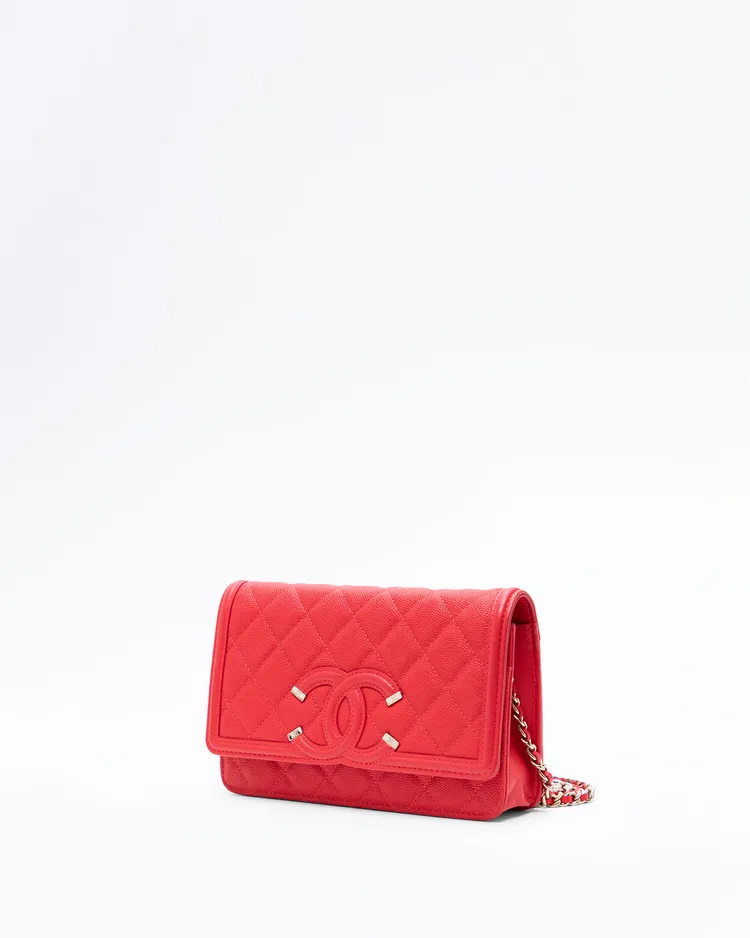 Alternate view angle of Caviar Quilted Filigree Wallet on a Chain