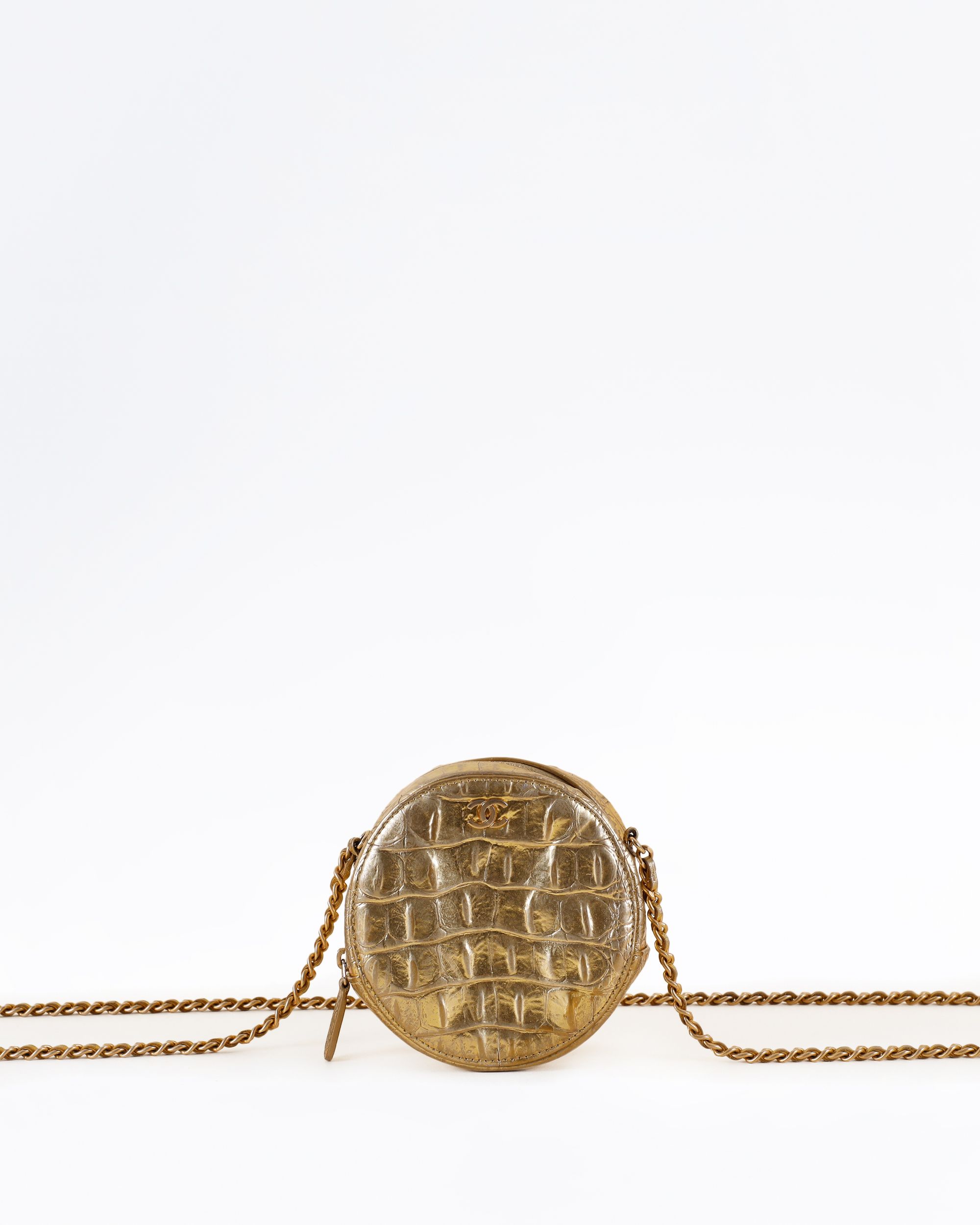 Chanel Paris-New York Coco Croc-Embossed Round Mini Pouch | Vivrelle