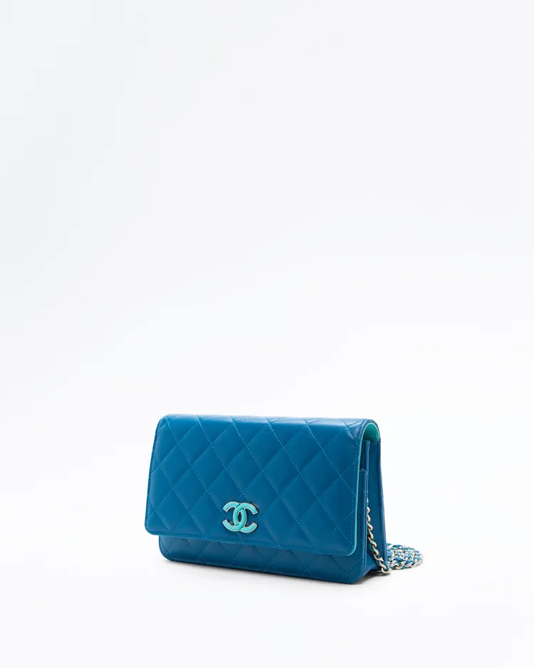 Alternate view angle of Lambskin Enamel CC Wallet on a Chain