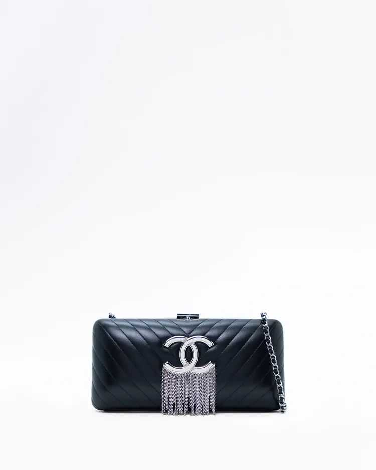 Lambskin Fringe Logo Clutch with Chain