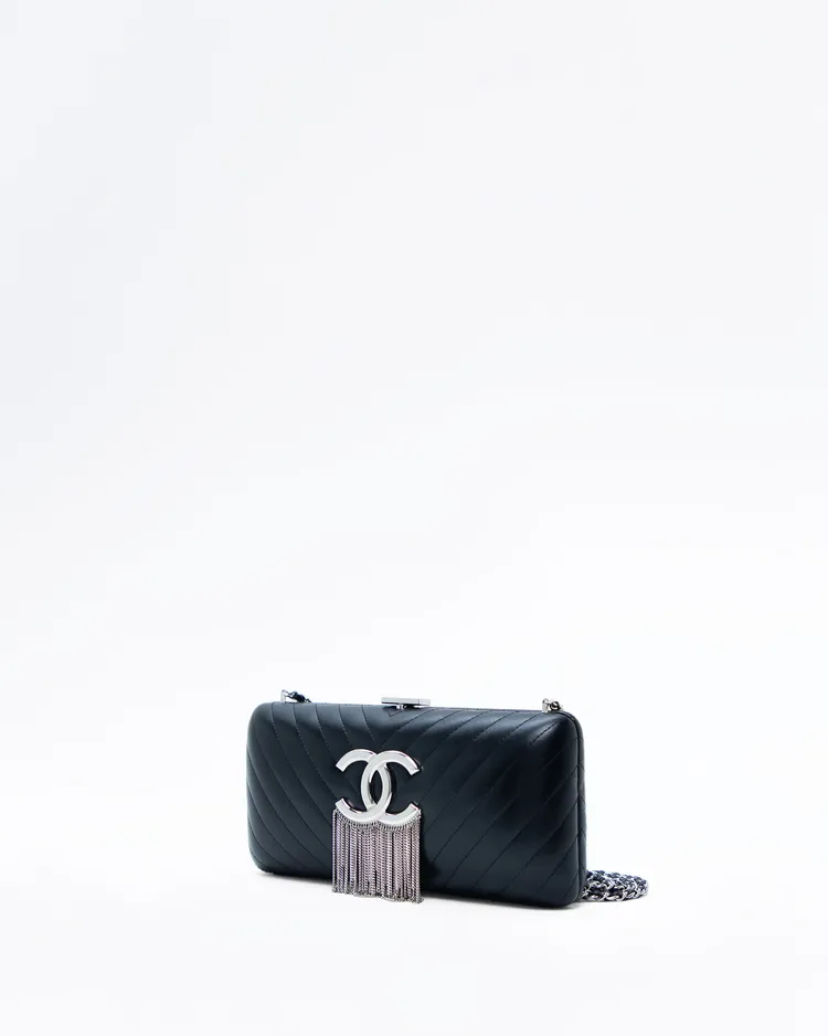 Alternate view angle of Lambskin Fringe Logo Clutch with Chain