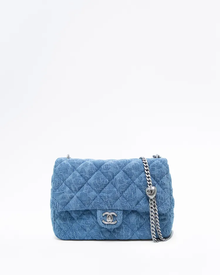 Denim Camellia Sweetheart Medium Flap Bag