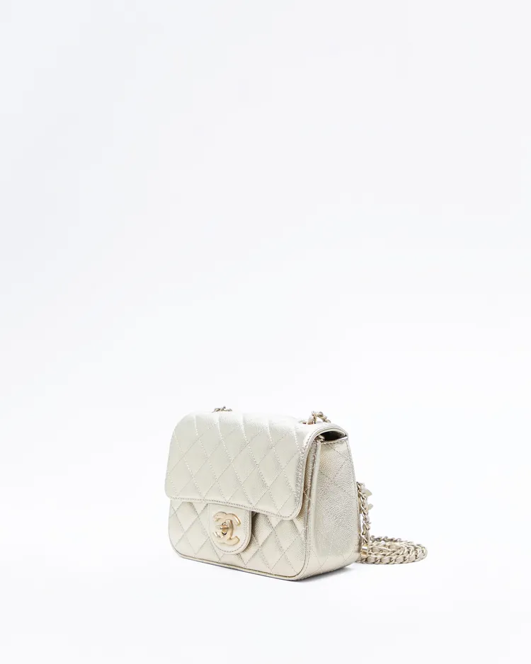 Alternate view angle of Metallic Caviar CC Slide Mini Flap Bag