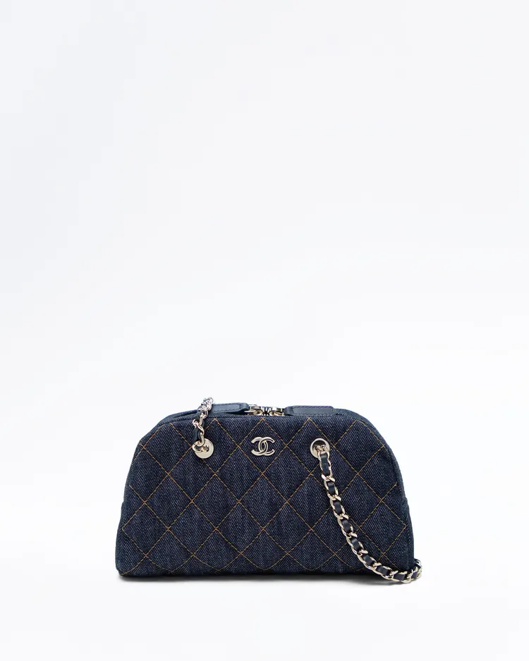 Denim Bowling Purse with Chain