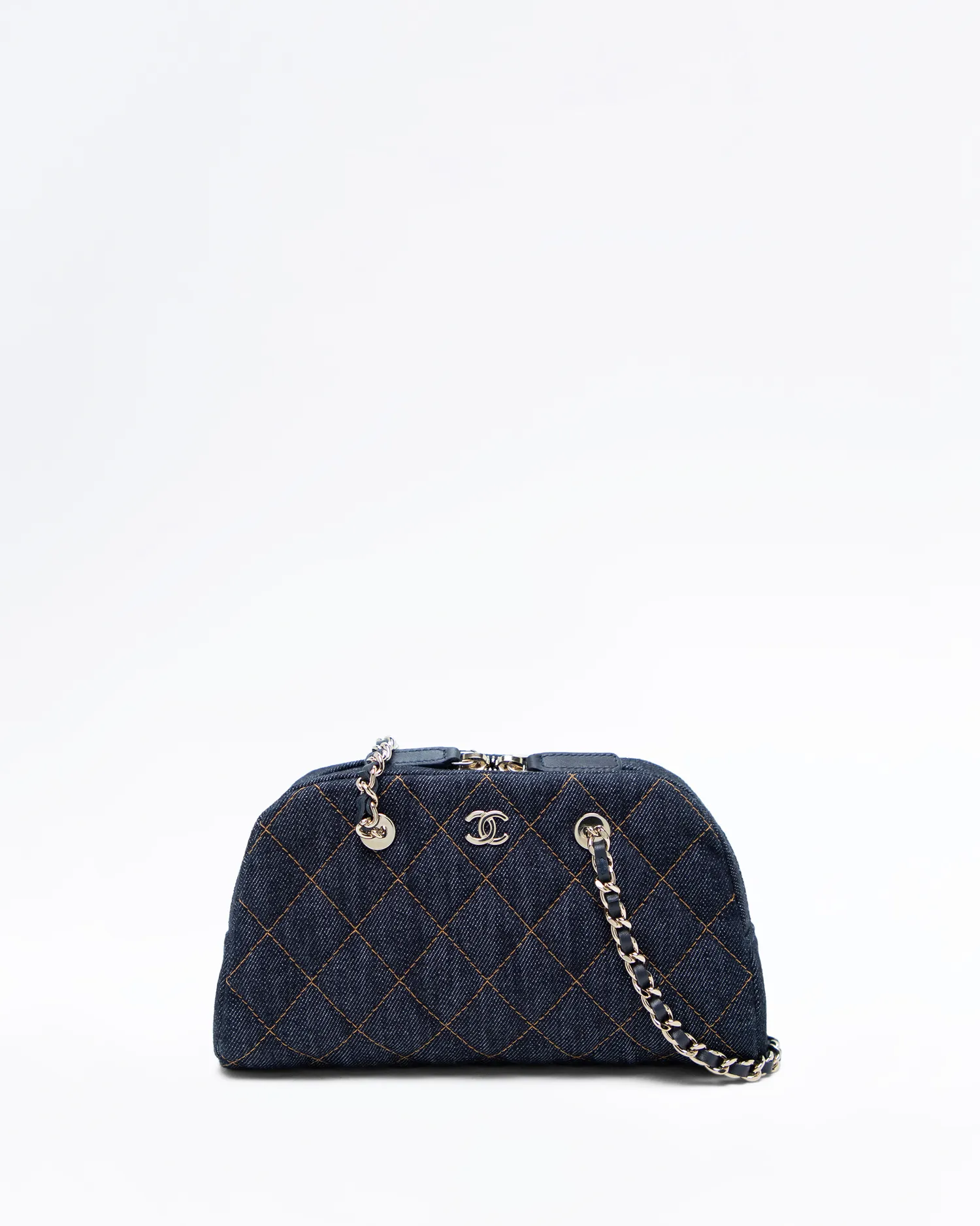 Denim Bowling Purse with Chain