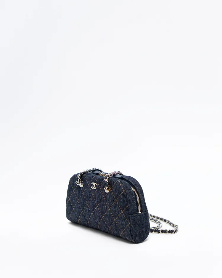 Alternate view angle of Denim Bowling Purse with Chain
