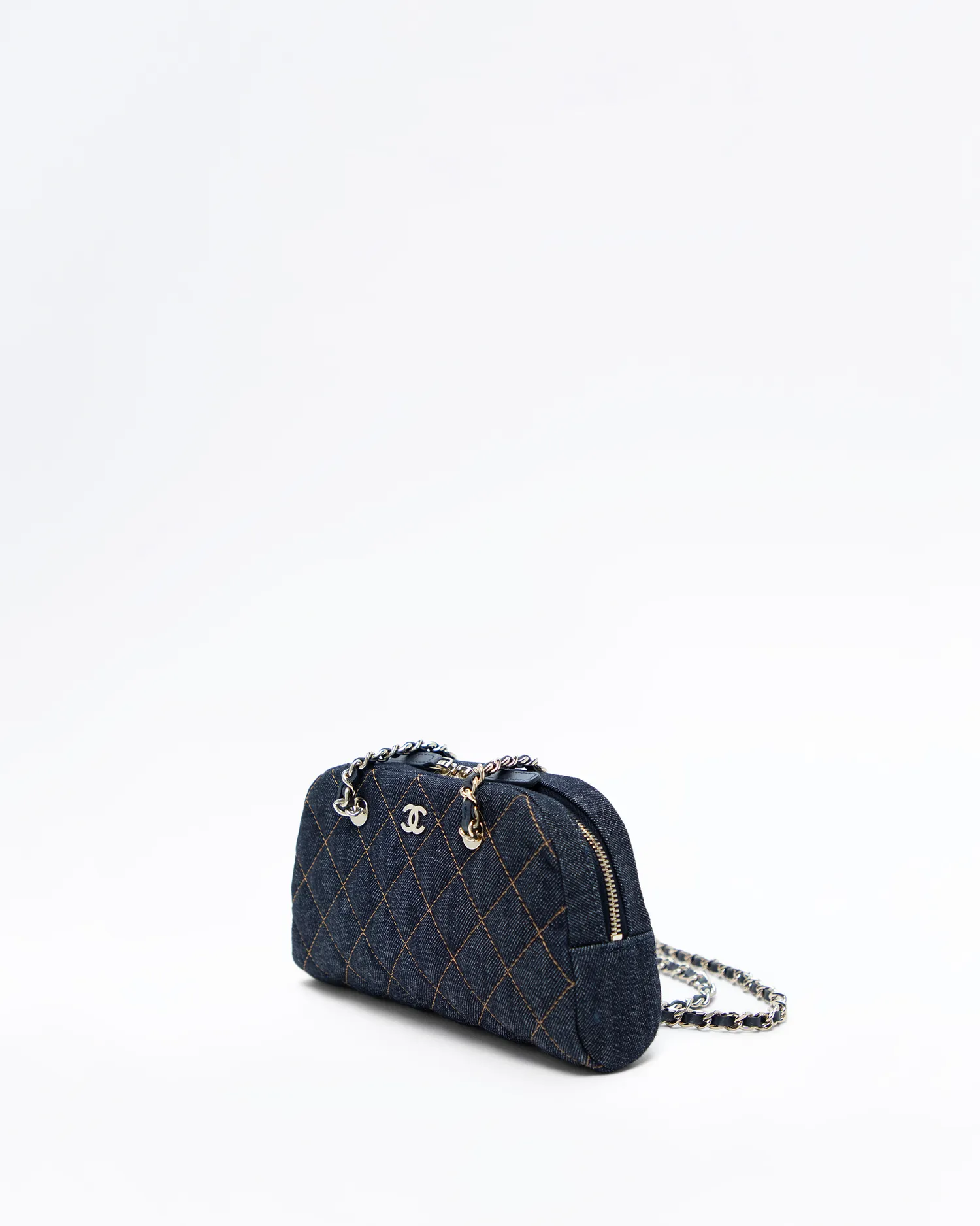 Denim Bowling Purse with Chain