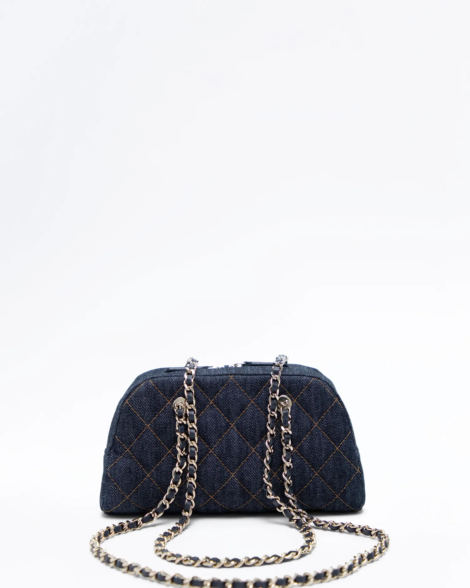 Denim Bowling Purse with Chain