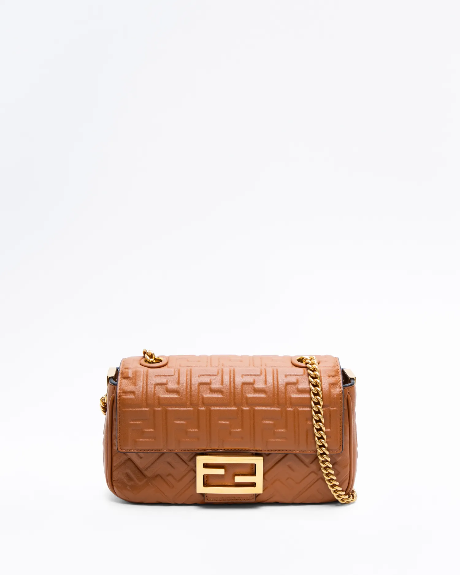 Embossed FF Midi Chain Baguette Bag