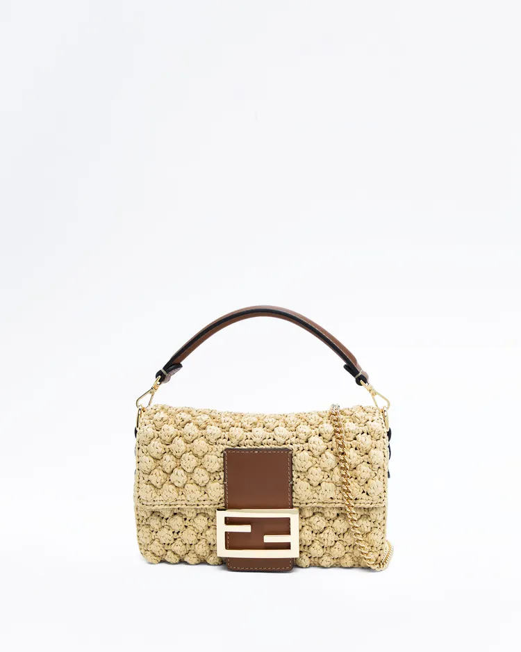 Raffia-Effect FF Mini Baguette Bag