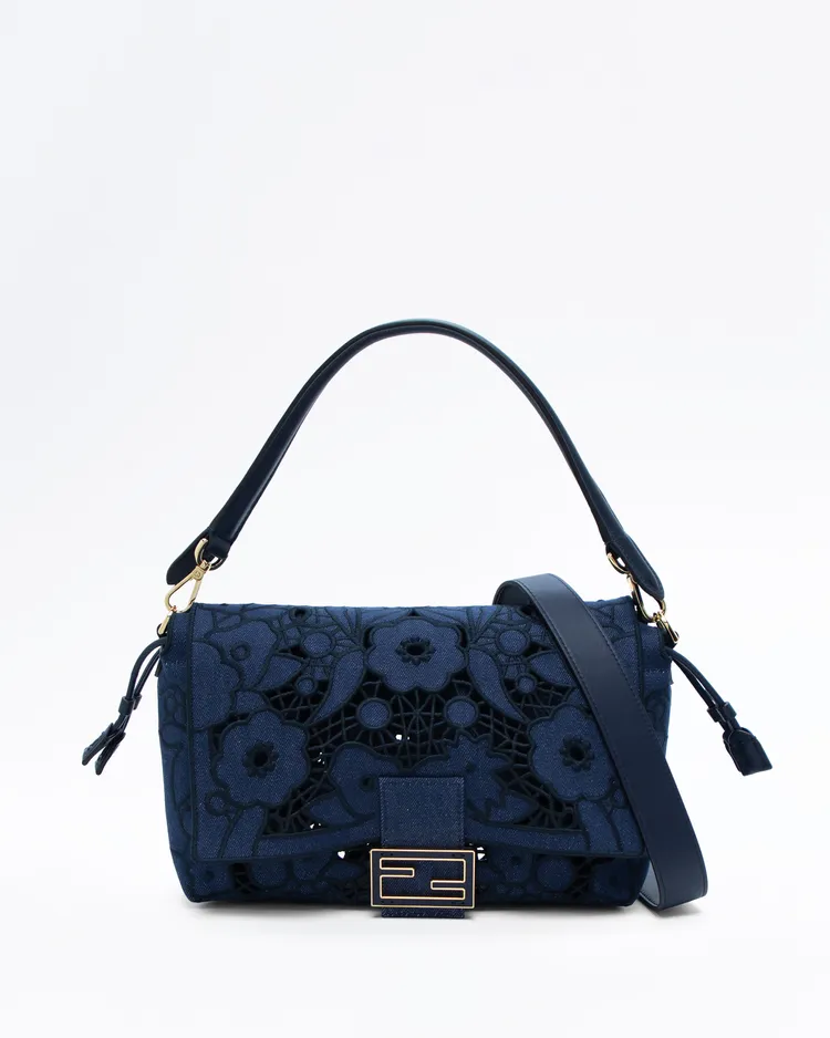 Denim Floral À Jour Medium Mama Baguette Bag