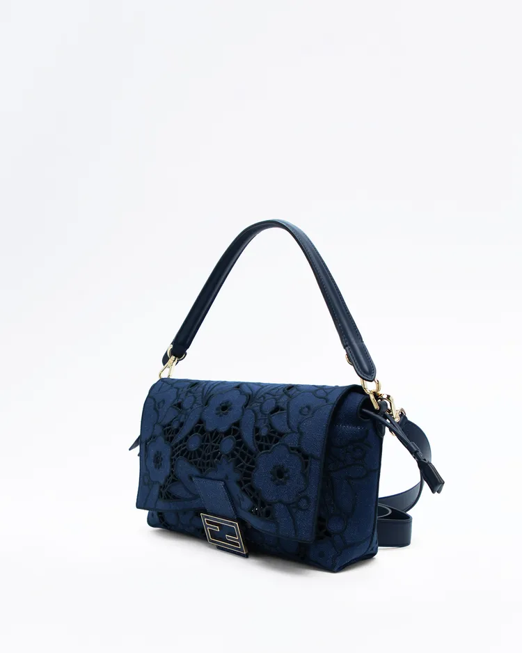 Alternate view angle of Denim Floral À Jour Medium Mama Baguette Bag