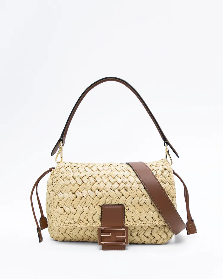 Raffia-Effect Medium Baguette Soft Bag