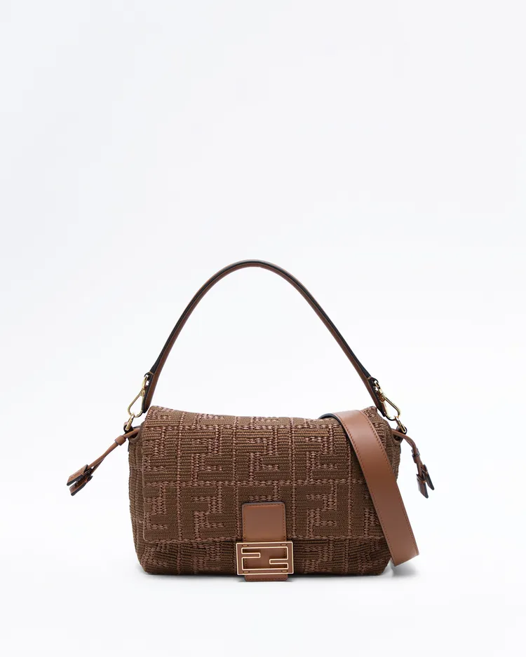 Raffia-Effect FF Medium Mama Baguette Bag