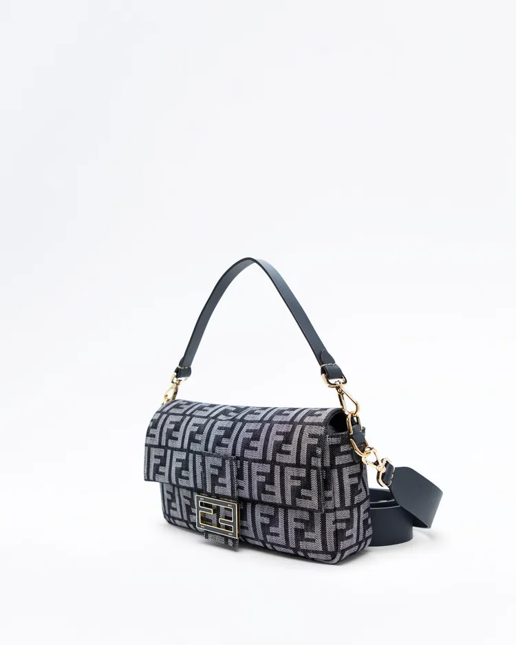 Alternate view angle of Denim-Effect FF Medium Baguette Bag