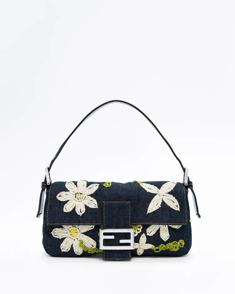 Vintage Denim Flowers Baguette Shoulder Bag