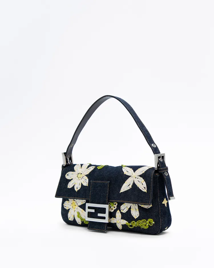 Alternate view angle of Vintage Denim Flowers Baguette Shoulder Bag