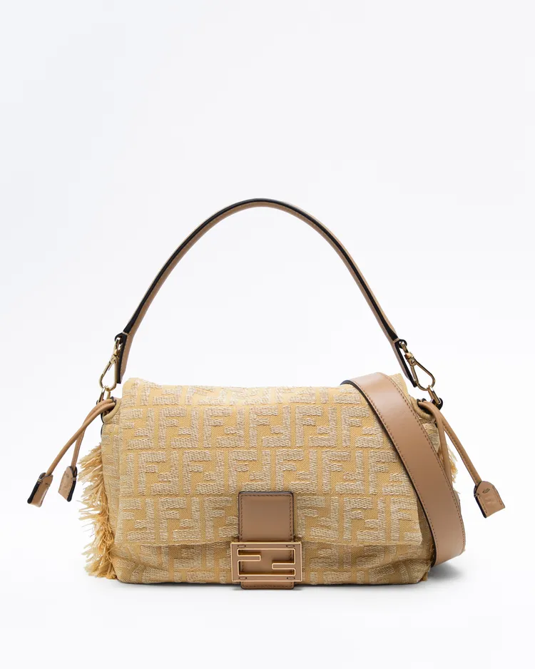 Raffia-Effect Fringe FF Medium Baguette Soft Bag