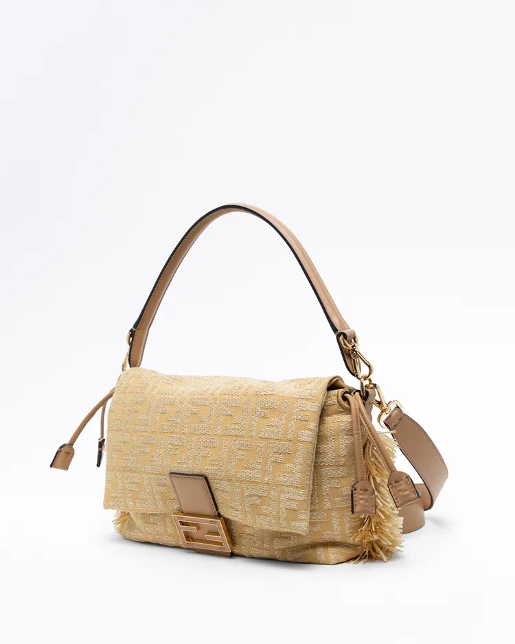 Alternate view angle of Raffia-Effect Fringe FF Medium Baguette Soft Bag