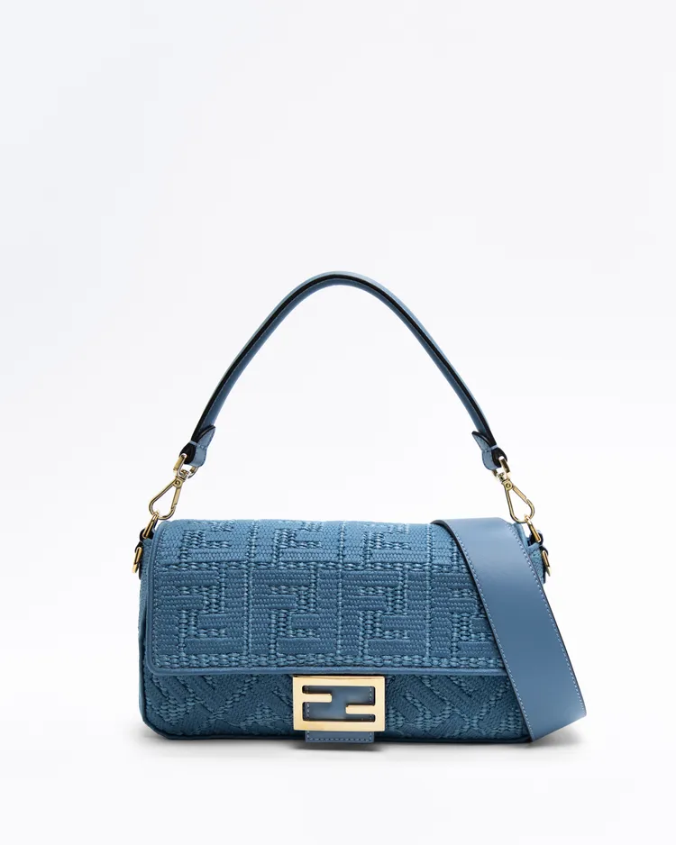 Raffia-Effect FF Medium Baguette Bag