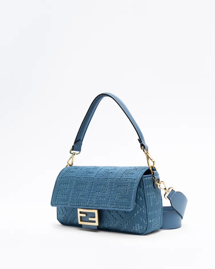 Alternate view angle of Raffia-Effect FF Medium Baguette Bag