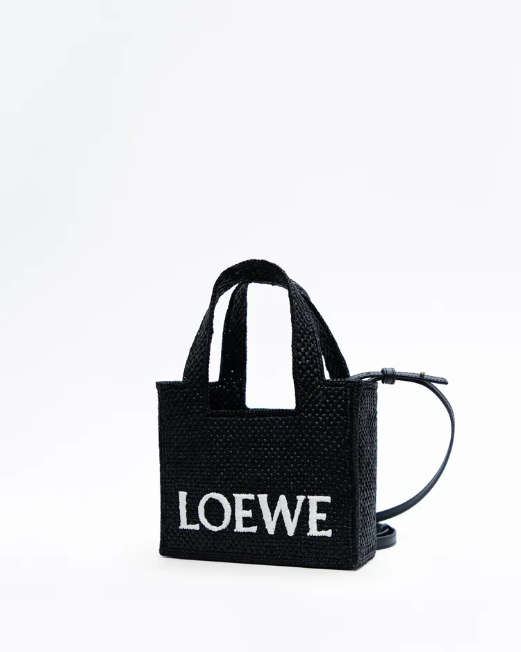 Alternate view angle of X Paula's Ibiza Raffia Mini Loewe Font Tote