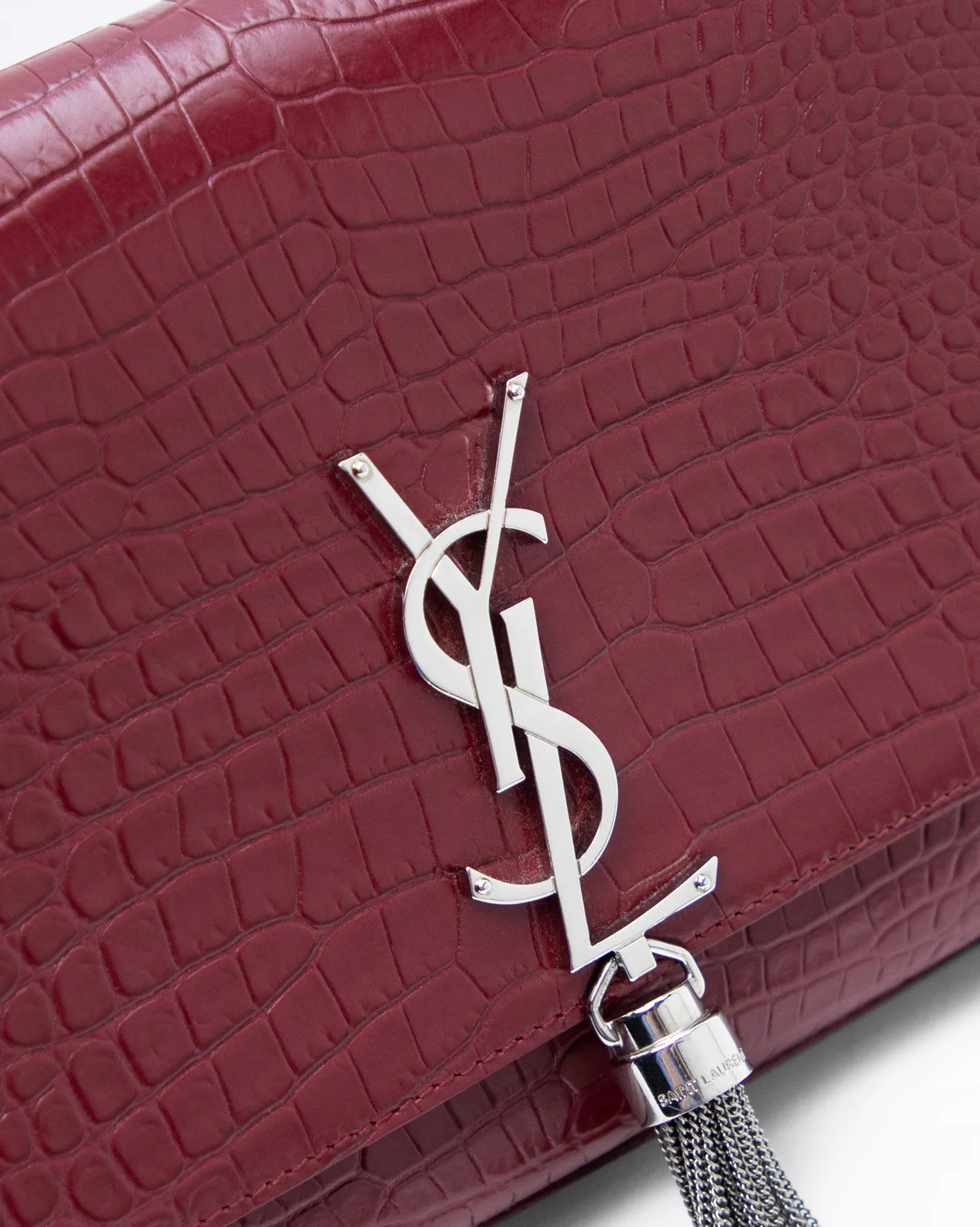 Croc-Embossed Medium Kate Tassel Bag