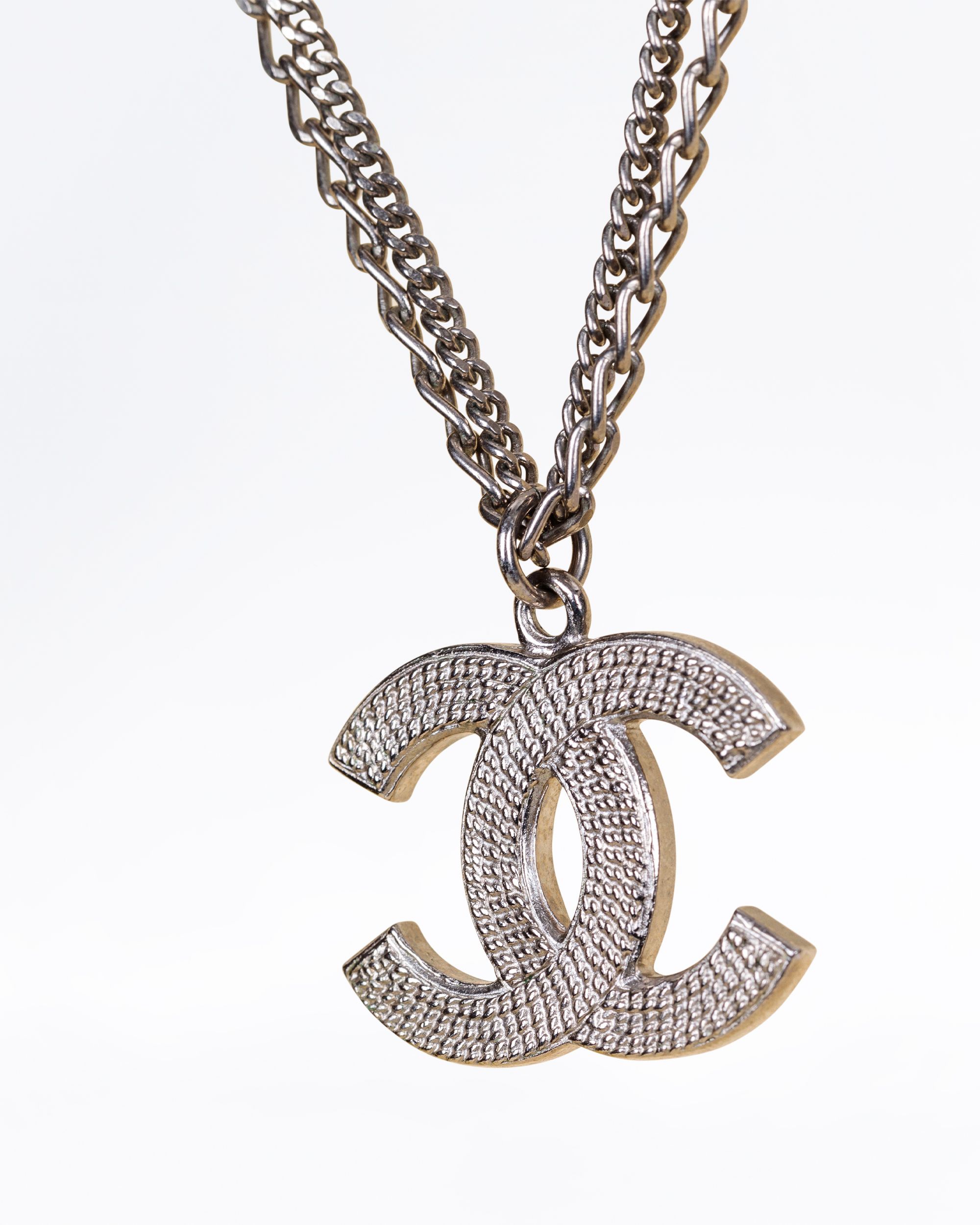 Chanel Textured Large CC Pendant Double Chain Necklace | Vivrelle