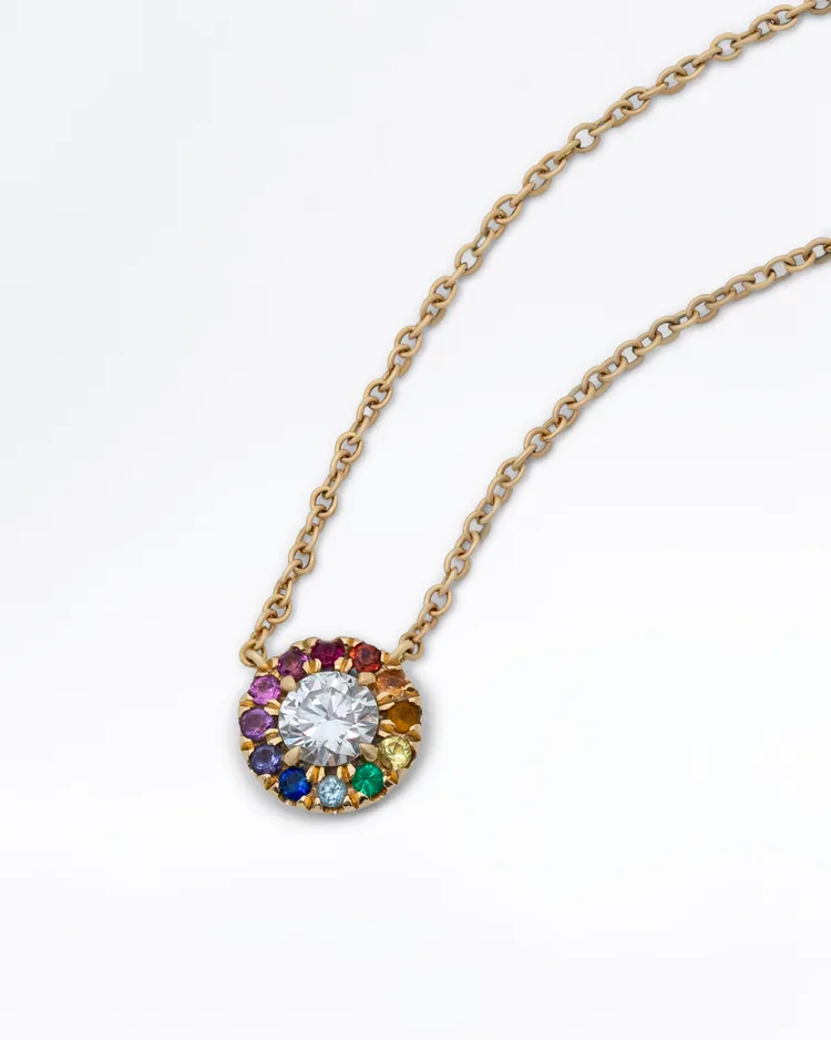 Alternate view angle of Diamond Pendant with Rainbow Gemstone Halo